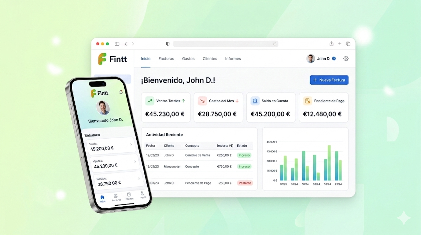 Captura del software Fintt: panel de facturación, resumen fiscal y actividad reciente para autónomos y pymes